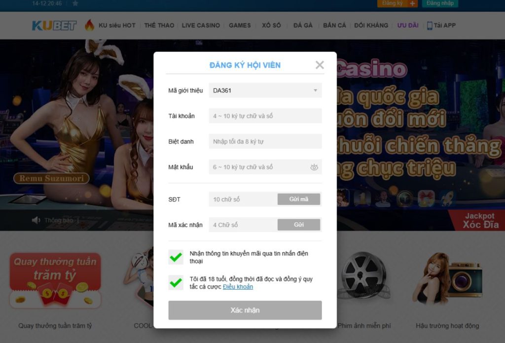 6 Nhập đầy đủ thông tin theo yêu cầu và sử dụng mã xác minh 361 để nhận 2.000.000 VND ưu đãi trong toàn bộ casino trong tháng đầu tiên. Áp dụng trên website chính thức của Kubet được chứng nhận bởi PAGCOR tại Việt Nam
